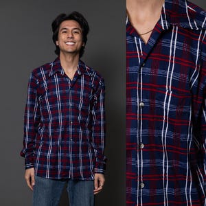 1970s Arrow Navy Blue Red White Plaid Disco Button Up Dagger  - Extra Large, XL