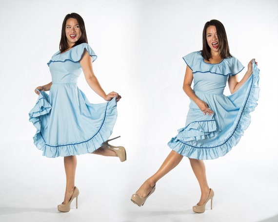 Fun 1960s Baby Blue Country Line dance dress with… - image 1