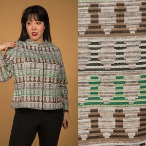 Fun 1960s Jacket w Chess or Game Piece Design Gray Green Brown - Extra Large, XL 1x, 2x