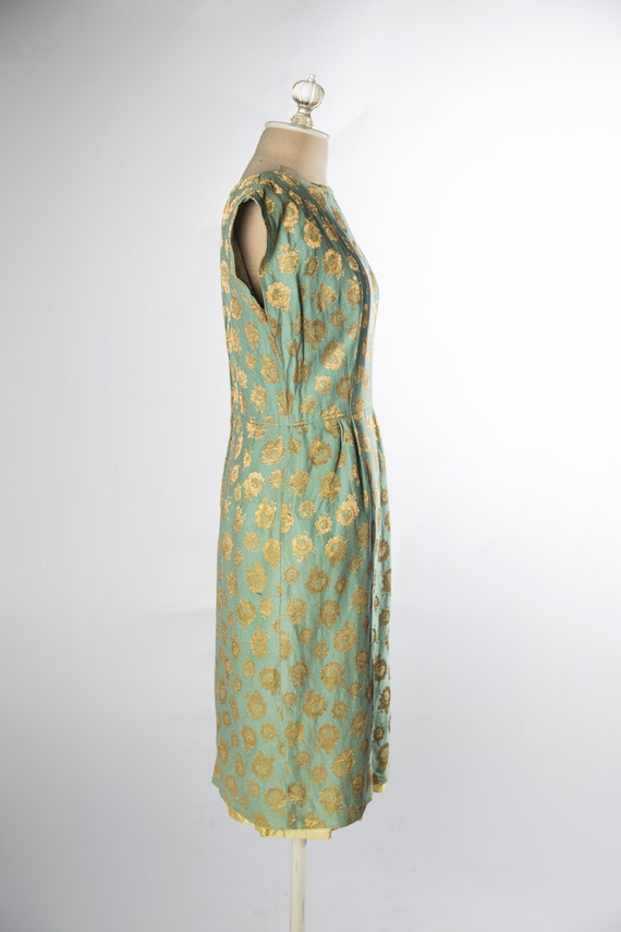 Eye catching 1960s Green with Gold Brocade Sheath… - image 5