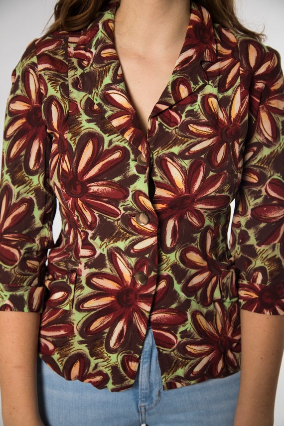 Beautiful 1940s Maroon and Green Floral Blazer - … - image 9