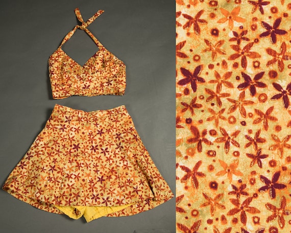 Vintage Yellow Orange Gold Red Two Piece Playsuit… - image 1