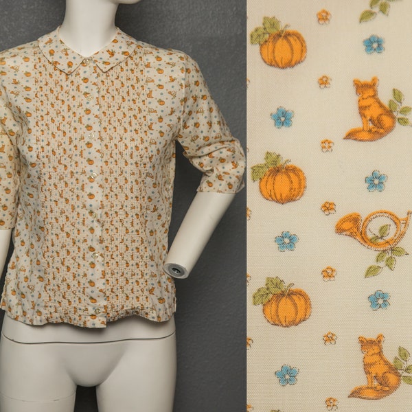 Fun 1960s Cream Button Up w Pumpkins and Fox Print Button up by Ship N Shore - Large