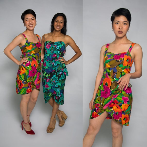 1980s Does 1950s Pinup Hawaiian Dress by Concept Neon Pinks Orange Blues Green - Small