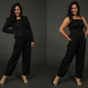 NWT 1980s J.R. Nites Petites by Caliendo Black Jumpsuit and Jackets with Sequins  - Small, Medium