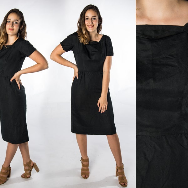 Classy 1960s Black Union Made Dress - Medium