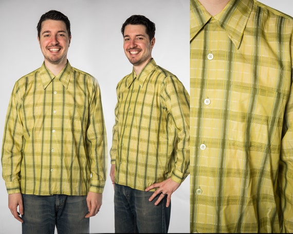 1970s Lime Green Plaid Button Up Top Design by Se