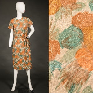 Stunning 1960s NWT Orange Green Floral Gold Shinny Dress  - Small