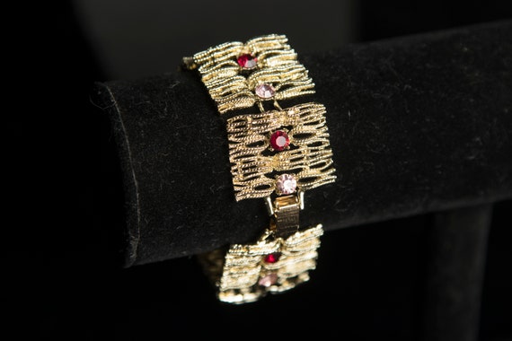 Coro Pegasus Wide Gold Finish Bracelet Red Pink R… - image 2