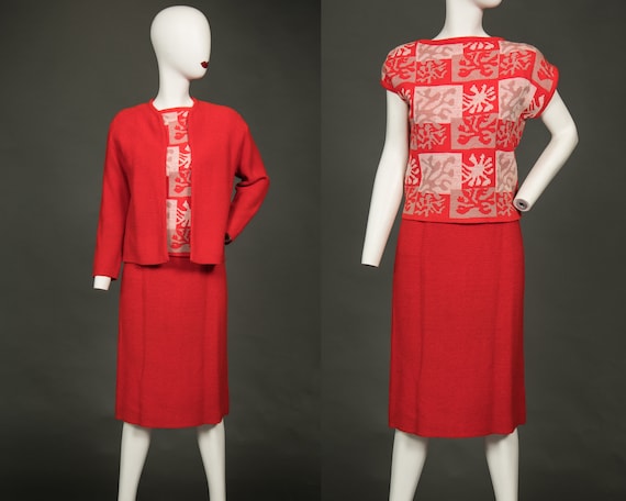 Gorgeous 1950s Toby Berman Red White 3 Piece Knit… - image 1