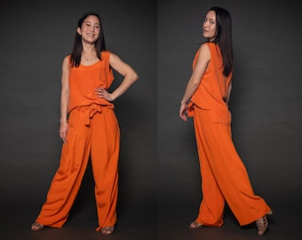 1990s Mondi Collections Orange Pant Tank Silk Set - Medium