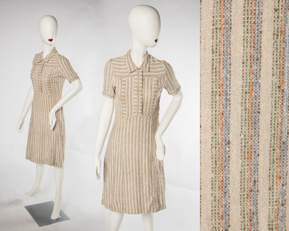 Lovely 1930s Woven Linen Tweed-Like Tan Green Oran