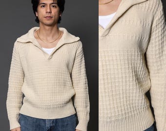 Pull blanc crème à grand col des années 1970 - Moyen, grand