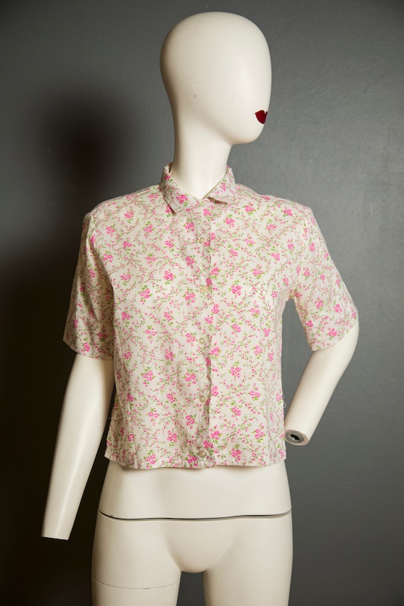 1950s Millicenti Pink Roses White Button Up Shirt - L… - Gem