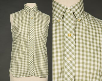 1960s Jeanie Green and White Checkered Sleeveless Button Up Top - Medium, Large