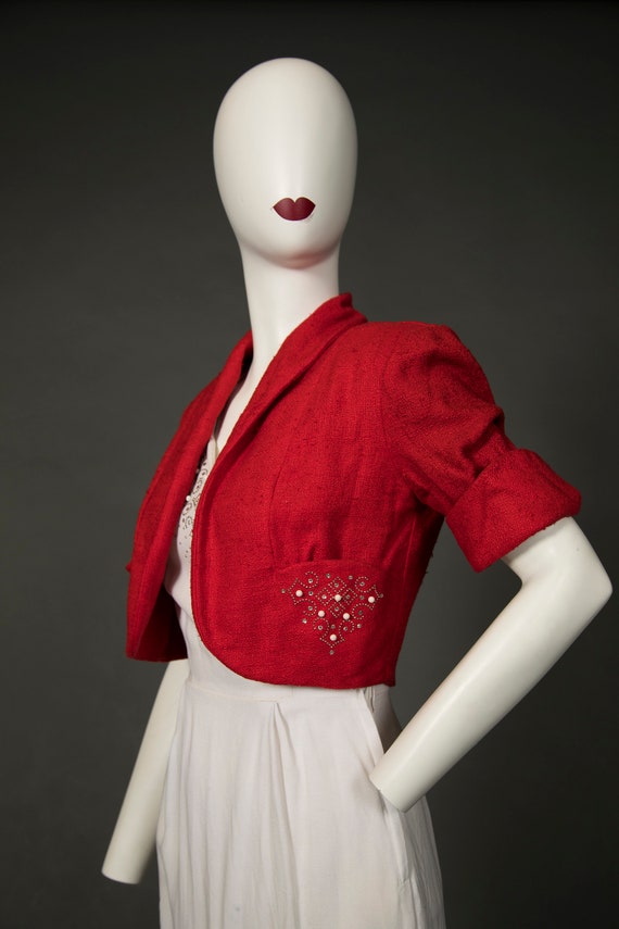 1940s - 1950s Reich White Dress w Orange Cropped … - image 5
