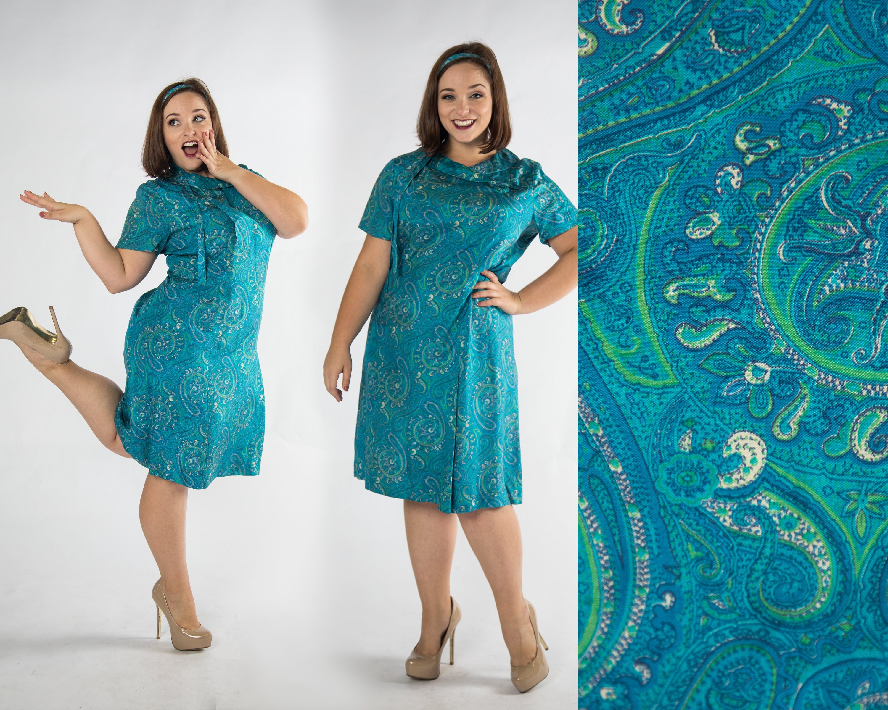 Lovely 1960s Blue and Green Paisley Print Silk Dress by Amy Adams