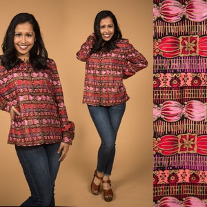 Beautiful 1980s Silk Maggy London Pink Red Gold Floral Blouse  - Large