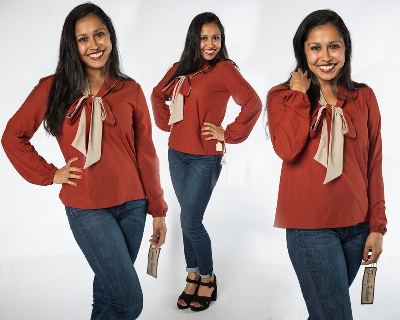 Large Lovely 1970s NOS DeadStock Burnt Orange Top With Cute Tie Bow by Ms Claudia Fashions Inc
