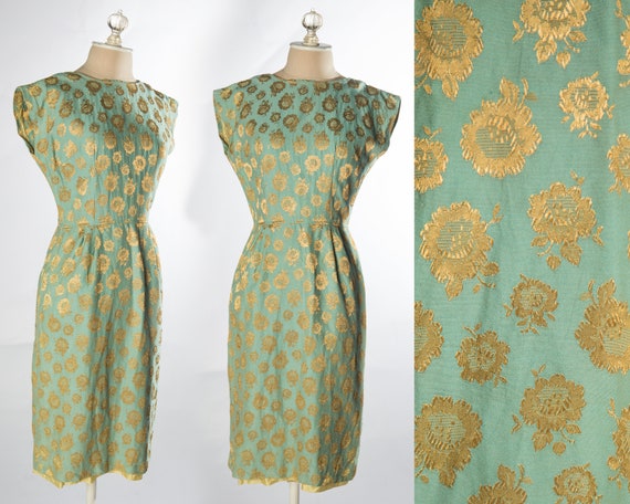 Eye catching 1960s Green with Gold Brocade Sheath… - image 1