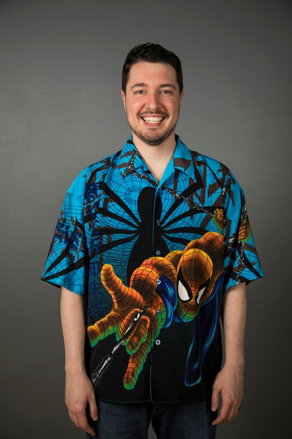 1990s Spiderman Blue button Up Short sleeve by Di… - image 2