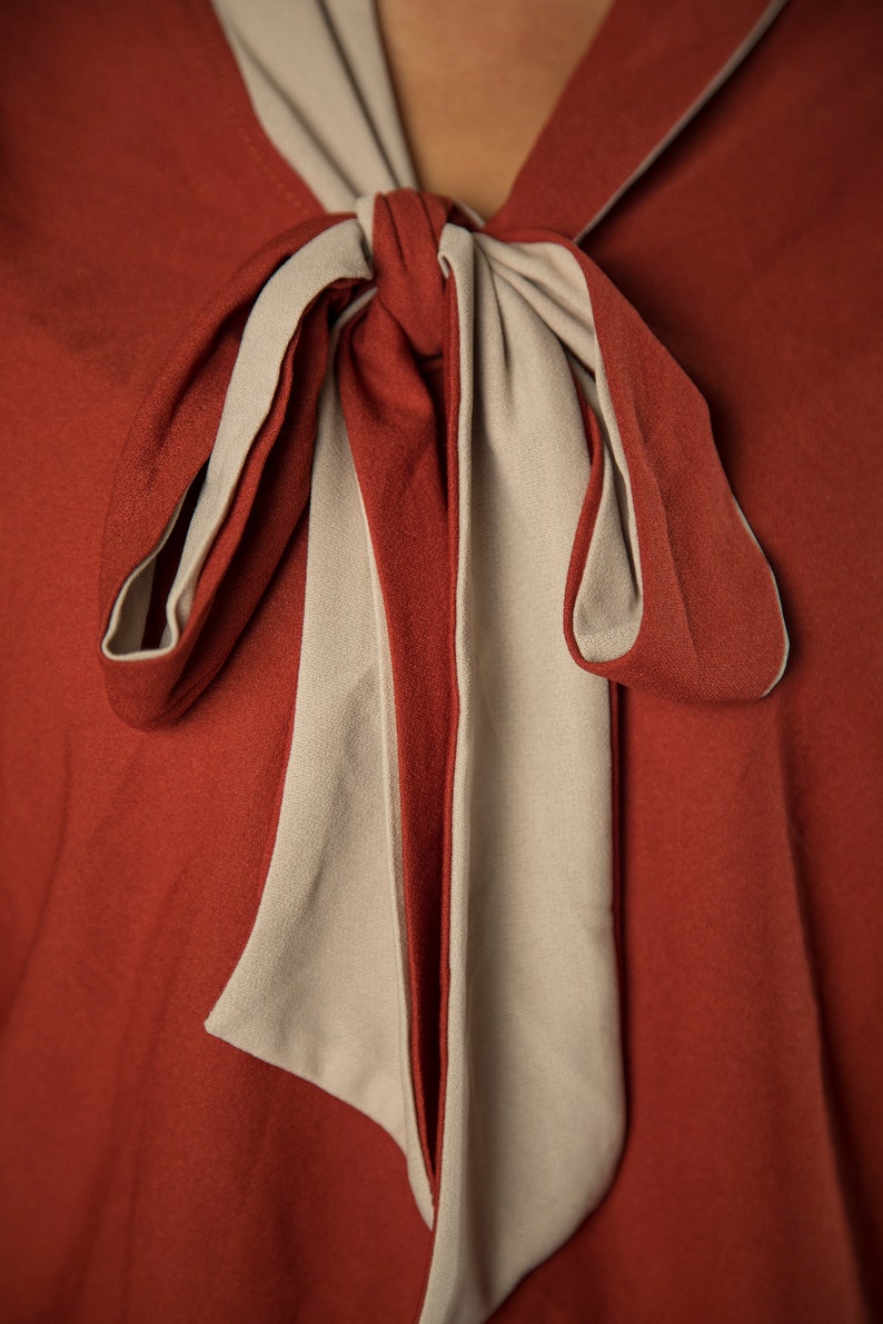 Large Lovely 1970s NOS DeadStock Burnt Orange Top With Cute Tie Bow by Ms Claudia Fashions Inc
