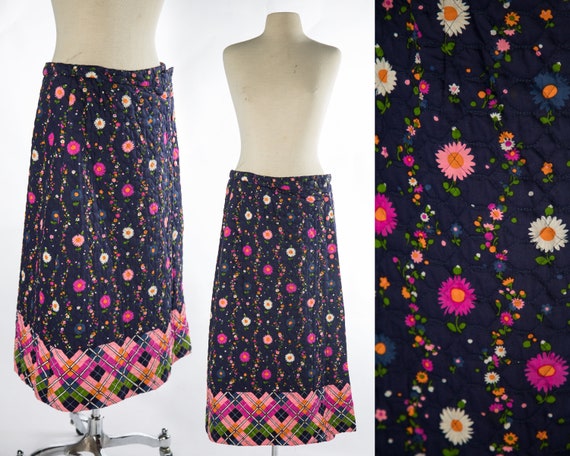 Colorful 1970s Quit Warp Skirt Floral and Plaid P… - image 1