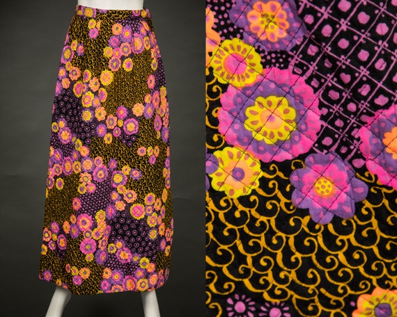 1960s Alex Coleman Neon Pink Purple Quilted Skirt… - image 1