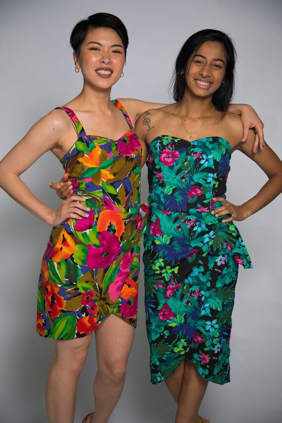 1980s Does 1950s Pinup Hawaiian Dress by Concept Neon Pinks Orange Blues Green - Small View 2
