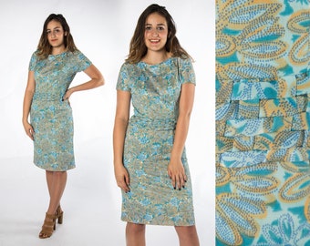 Fun 1960s Blue and Yellow Floral Print Sheath Dress by Leslie Fay - Small