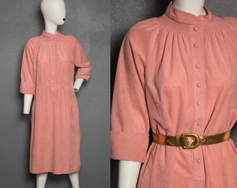 Cute 1970s Mock Neck Pink Velour Dress House by Beege - Large