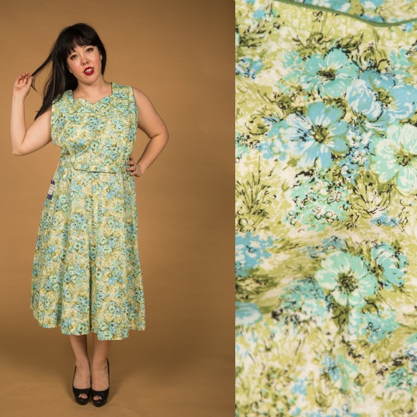 Pretty 1960s NWT Nelly Don Blue Green Floral - 1x, 2x