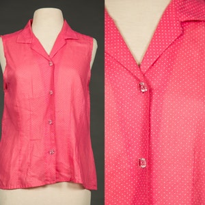 1960s Pink Polka Dot Semi Sheer Button Up Sleeveless Top Blouse - Large