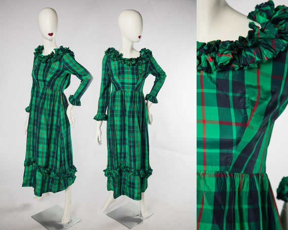 Gorgeous 1960s Green Black Red Tartan Plaid Maxi Dress by Emma 
