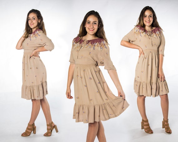 Stunning 1970s Beige and Purple Boho Dress by Jody