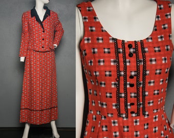 Lovely 1960s Red Dress w Plaid Squares Maxi Dress and Jacket Set  -  Small