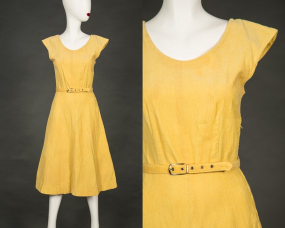 1940s - 1950s Yellow Corduroy Fit N Flair Dress  … - image 1