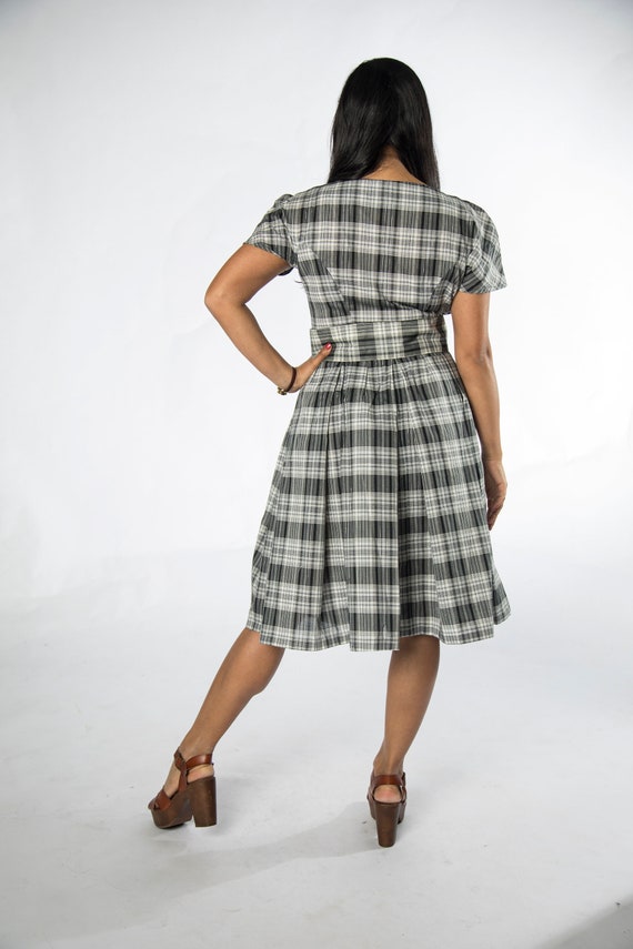Cute 1960s Black White Silver Plaid Shirt Dress Med Gem