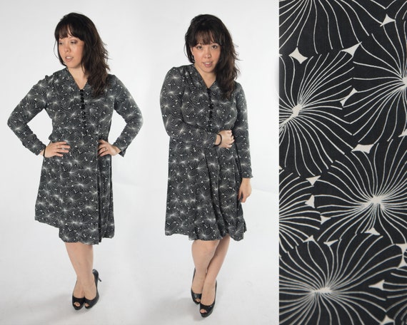 Gorg 1930s Black & White Floral Print Dress with … - image 1