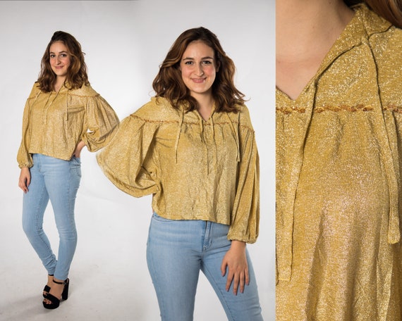 Fun 1970s Gold Shinny Sequin Flowy Top by Dot How… - image 1