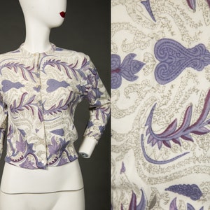 1950s Cream And Purple Cardigan Sweater Grapes Vines - Small, Medium