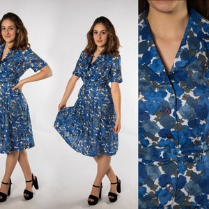 Pretty 1950s Blue Floral Print Semi Sheer Dress By Trivera  - Large