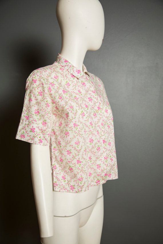 1950s Millicenti Pink Roses White Button Up Shirt - L… - Gem