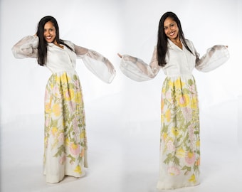 Gorgeous 1970s Alfred Shaheen Maxi Dress White Pink Yellow w Amazing Sleeves - Medium