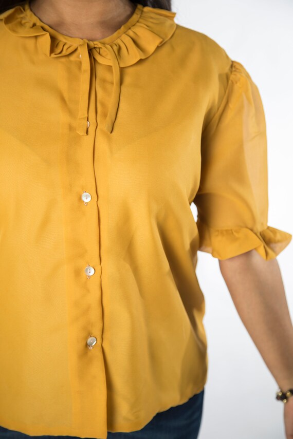 Lovely 1960s Mustard Yellow Button up Top w Ruffl… - image 9