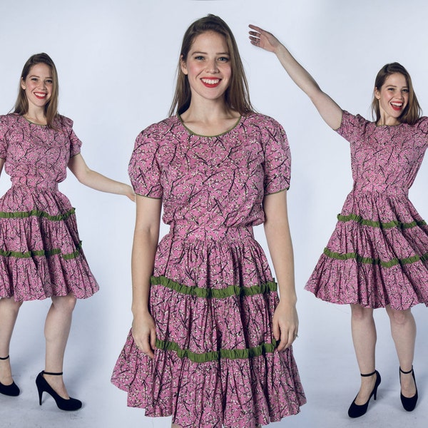 Fun 1960s Pink 2 Piece Country Line Dancing Dress Top Skirt with green details Rockability - Small