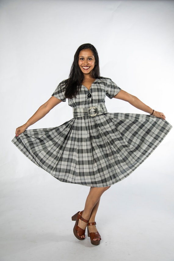 Cute 1960s Black White Silver Plaid Shirt Dress -… - image 2