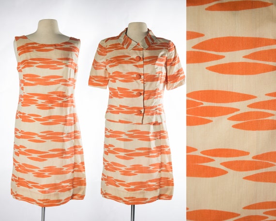 Fun 1960s Two Piece Dress and Jacket Orange and O… - image 1