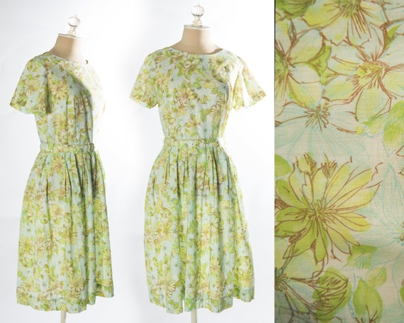 Pretty 1950s Green Floral Print Dress by Sears - M