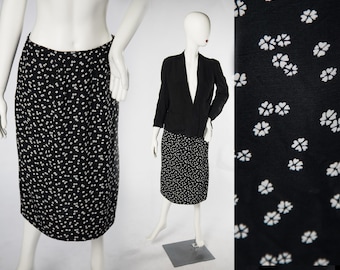 1930s - 1940s Black Skirt with White Floral Print - Medium